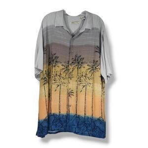 Batik Bay Rayon Hawaiian Aloha Camp Shirt Palm Tree Sunset Gray Tan Blue XXL